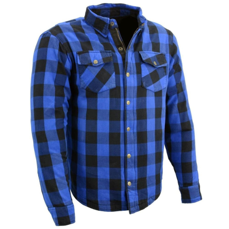 Mens Plaid Flannel Blue Biker Shirt with CE Approved Armor Reinforced w Aramid Fiber